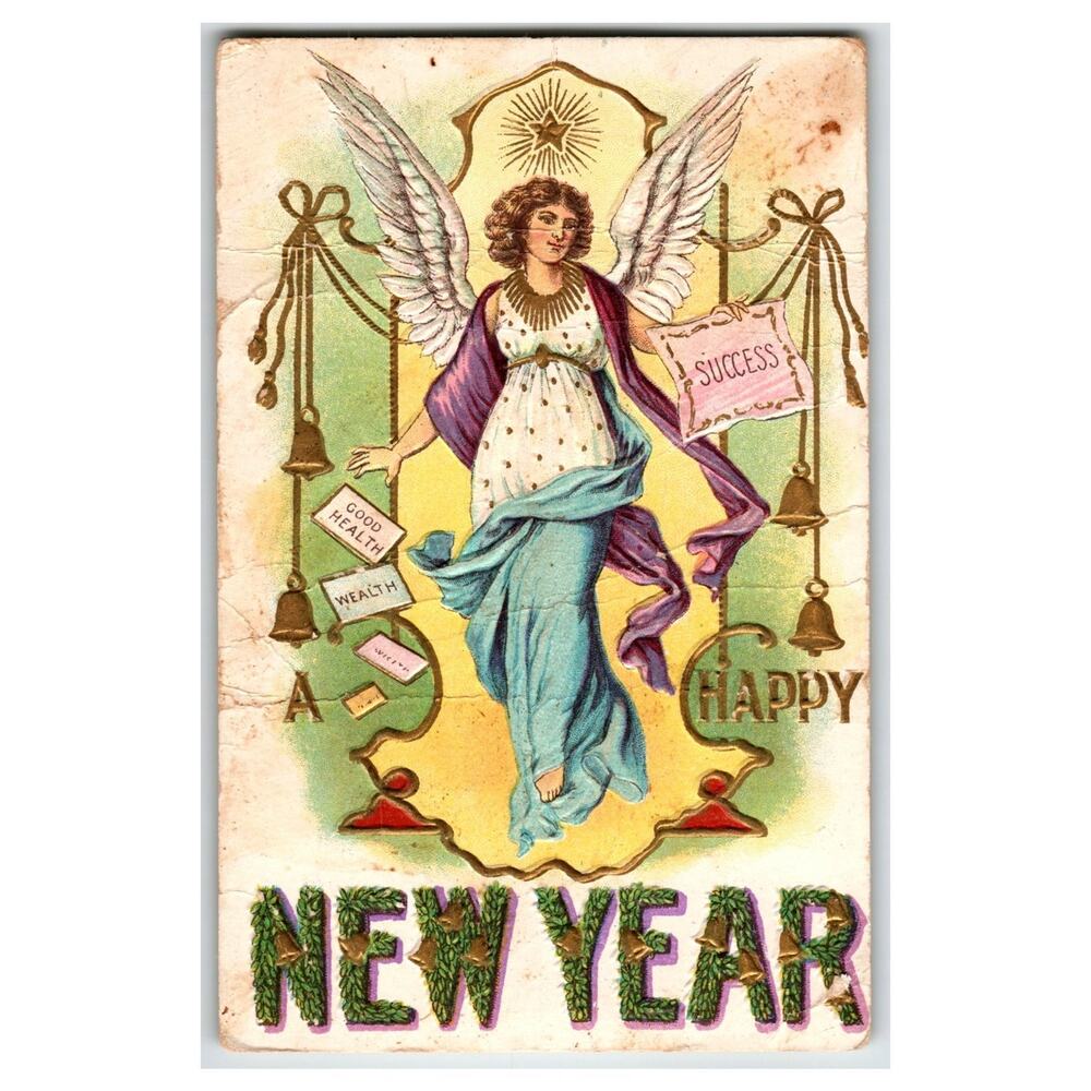 Antique 1908 Embossed New Year Angel Postcard Oregon Postmark Good Health Wealth